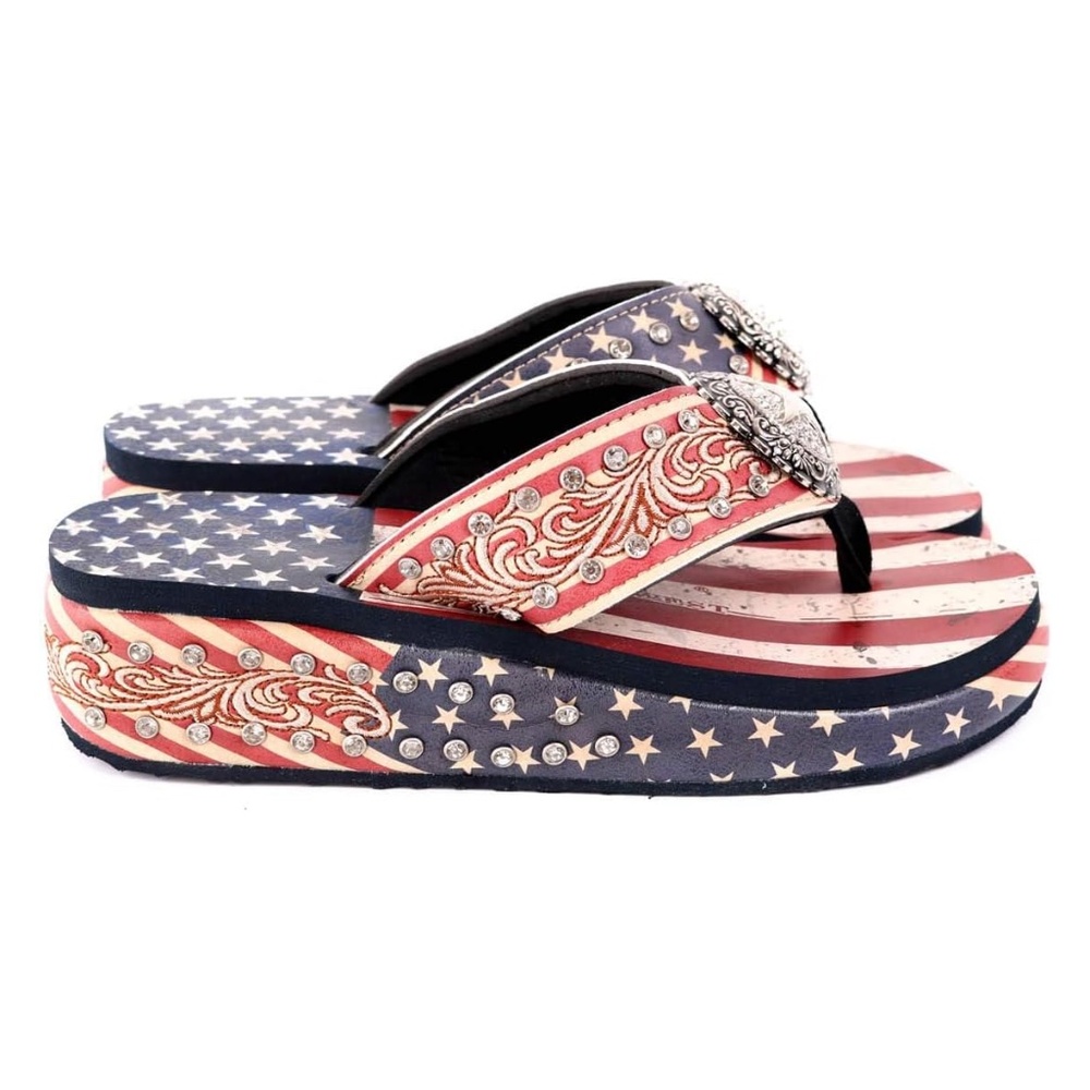 Montana West Women's Patriotic Rhinestone Platform Flip Flop Size 11